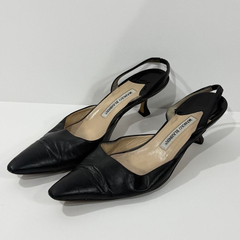 Manolo Blahnik Carolyne Black Leather Slingback Kitten Heels Pumps Size 41 Italy